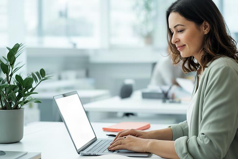 Freiberuflerin mit Laptop an einem hellen Coworking-Arbeitsplatz in Nordrhein-Westfalen