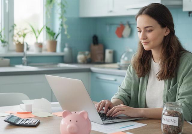 Junge Berufseinsteigerin mit Laptop in einer hellen WG-Küche, daneben Notizen zu Budget und Sparziel